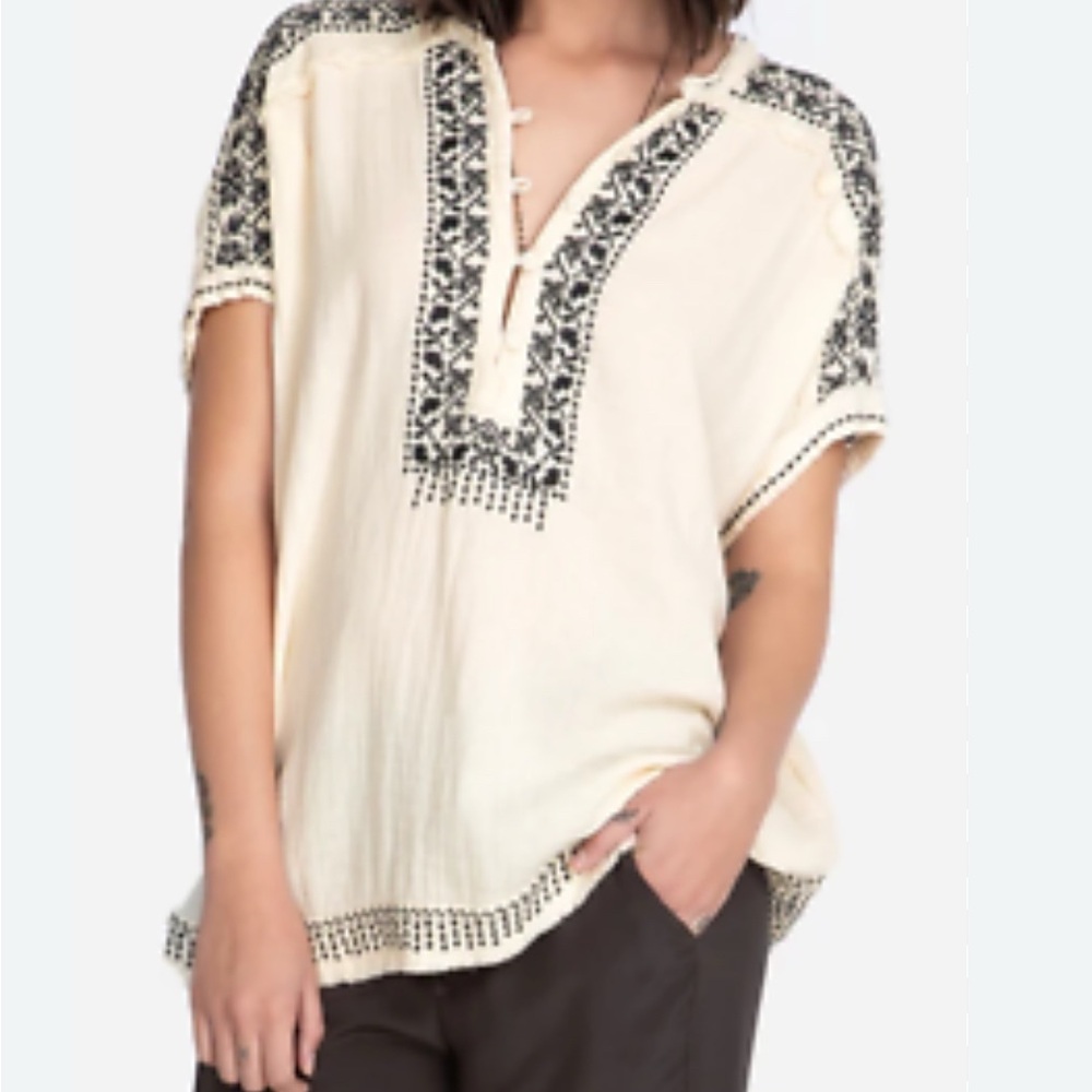 Johnny Was Cream and Black Embroidered Blouse size XS